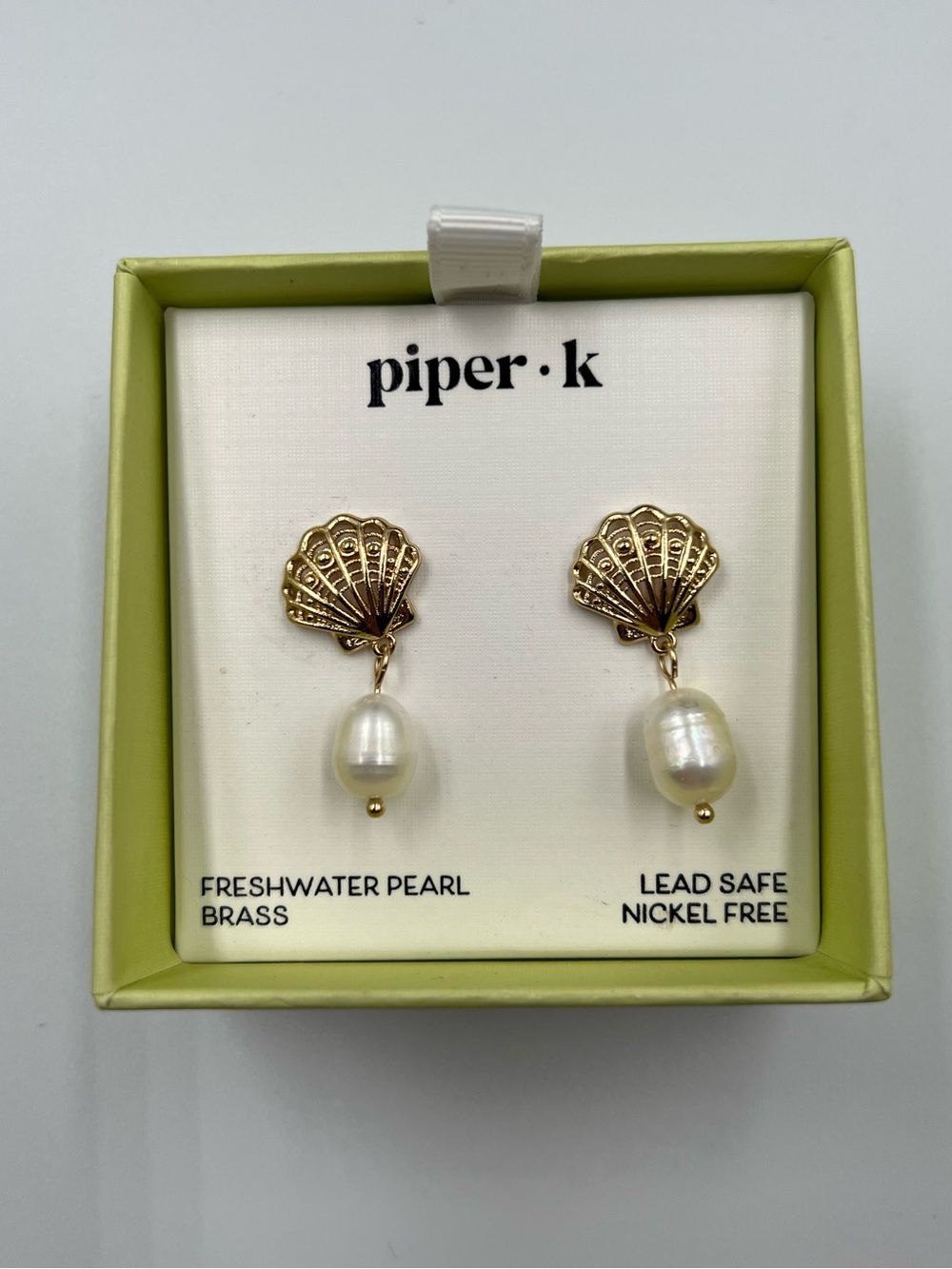 Piper K Brass Seashell Freshwater Pearl Drop Earrings NWT